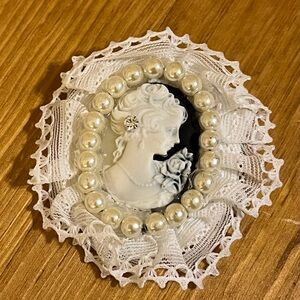 Vintage like black Cameo brooch w/fold under clasp pearls lace rhinestone 2 1/2”